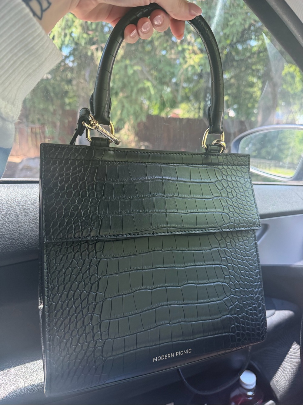 Modern Picnic Black Croc-Embossed Structured Satchel